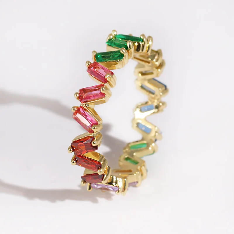 

Cz eternity band engagement rainbow ring colorful cubic zirconia Gold color trendy fashion women stacking diy finger rings
