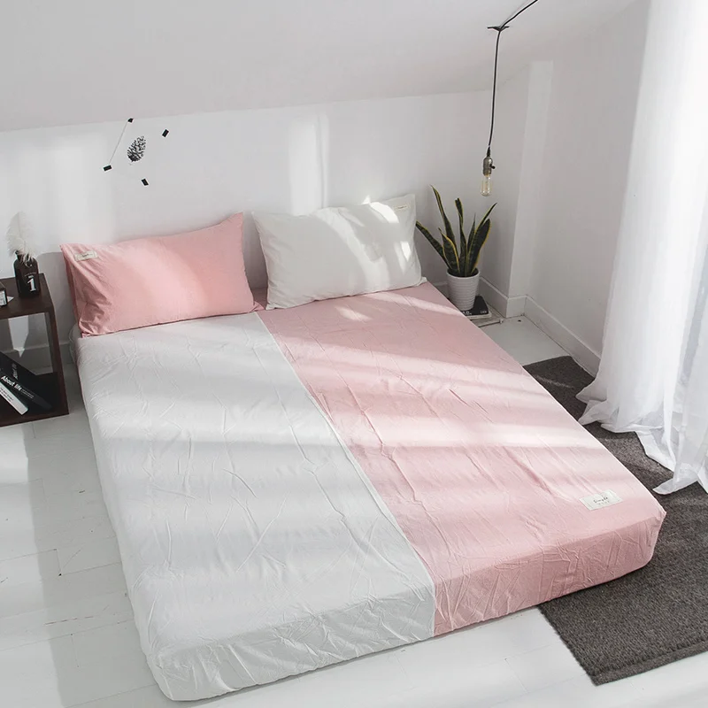 

Suitable For Girls Using Pink Stitching Patterns 3pcs Cotton Solid Fitted Sheet Mattress Cover Four Corners With Elastic Band