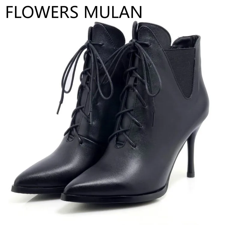 Rose Pointu Supérieure Chaussons Noir À Cheville Mode Croix Liée Pour Bottes Femmes Bout Coudre Haut rose Chic En Cuir Talons Dames Chaussures Noir Femme wOP0nk