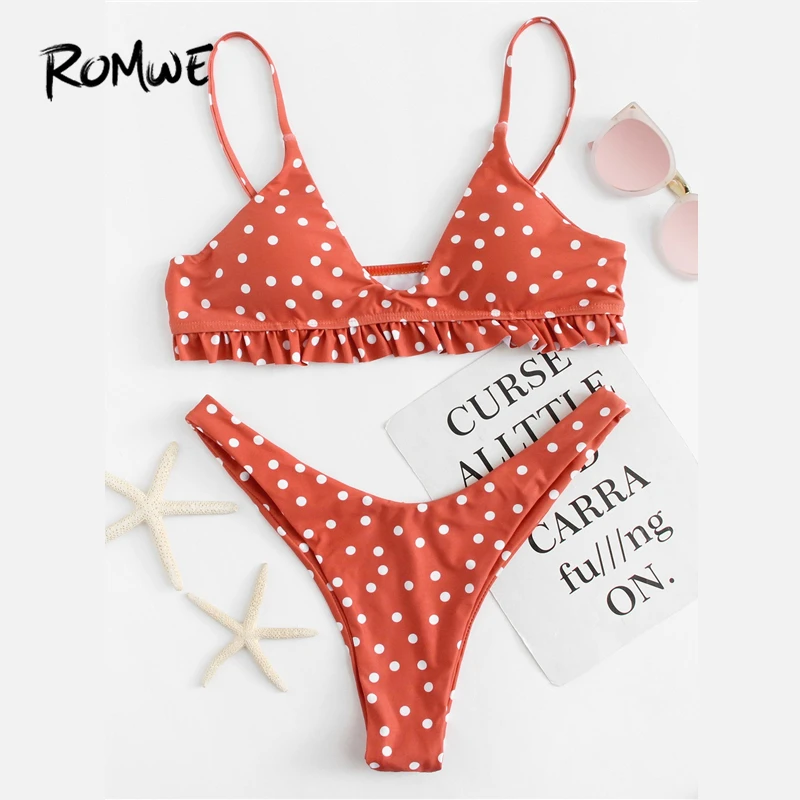 Flash Sale  Romwe Sport Orange Bikinis Set Polka Dot Frill Top With High Leg Bottoms Swimsuit Women Summer Sexy