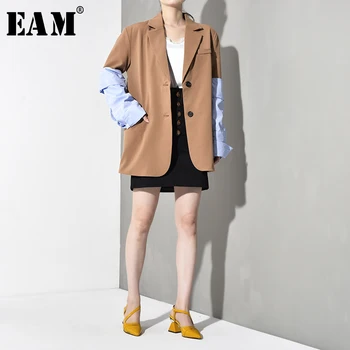 

[EAM] Loose Fit Sleeve Blue Striped Contrast Color Jacket New Lapel Long Sleeve Women Coat Fashion Spring Autumn 2020 JI82504