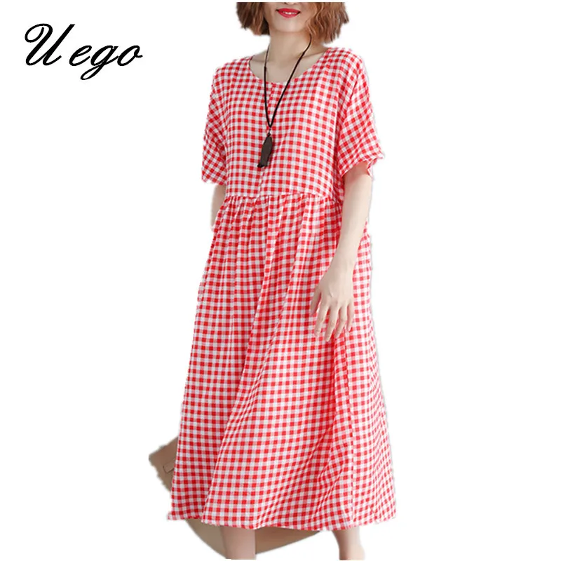 

Uego 2019 New Arrival Fashion Plaid Preppy Style Dress Cotton Linen Short SLeeve Summer Dress Plus Size Women Casual Midi Dress