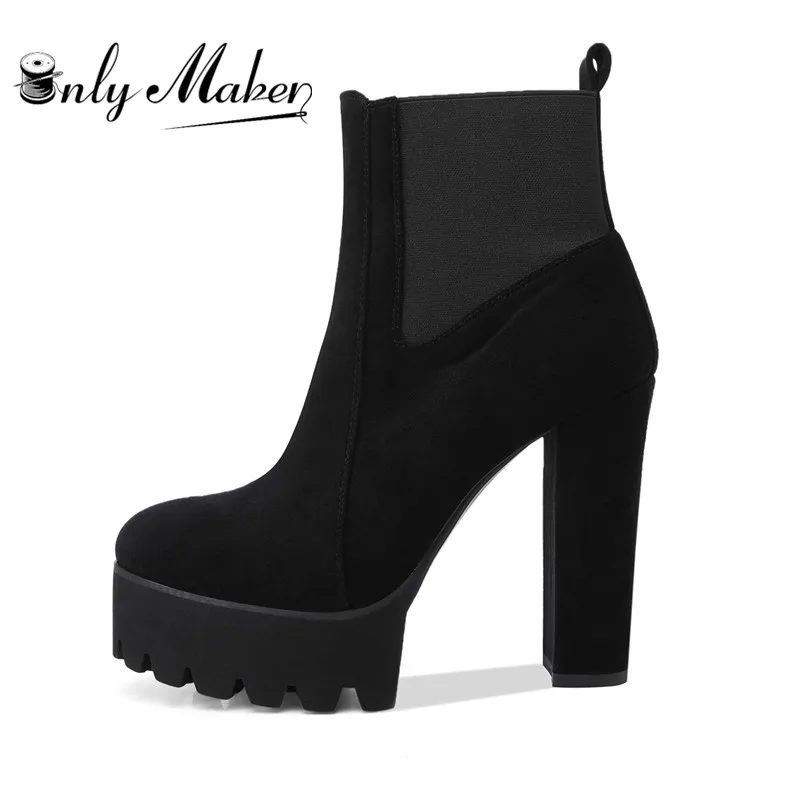 

onlymaker Women's black color Comfy Elastic Platform Boots Round Toe Chunky High Heel Pull on Ankle Booties