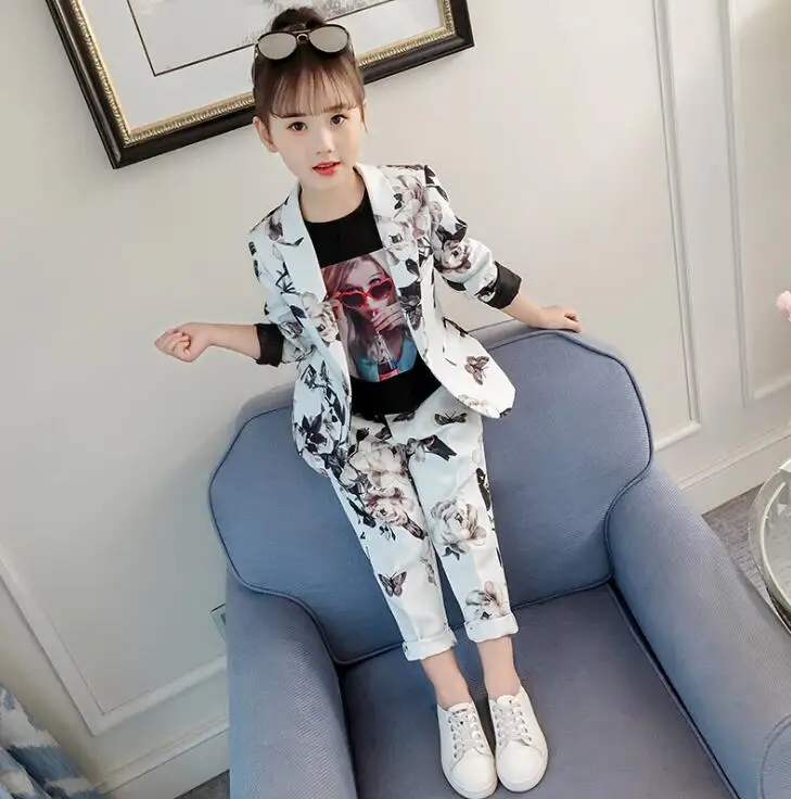 

Spring Girl Printed Suit 2019 New Coat+Pants Childrens 2pcs girls clothing suit 4-14Y Kids girls clothes vetement enfant fille