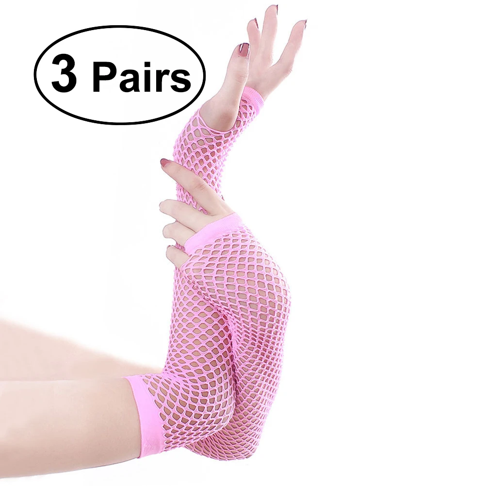 

3 Pair Fishnet Gloves Long Fingerless Fishnet Gloves Nightclub Costume Party Accessories (Pink)