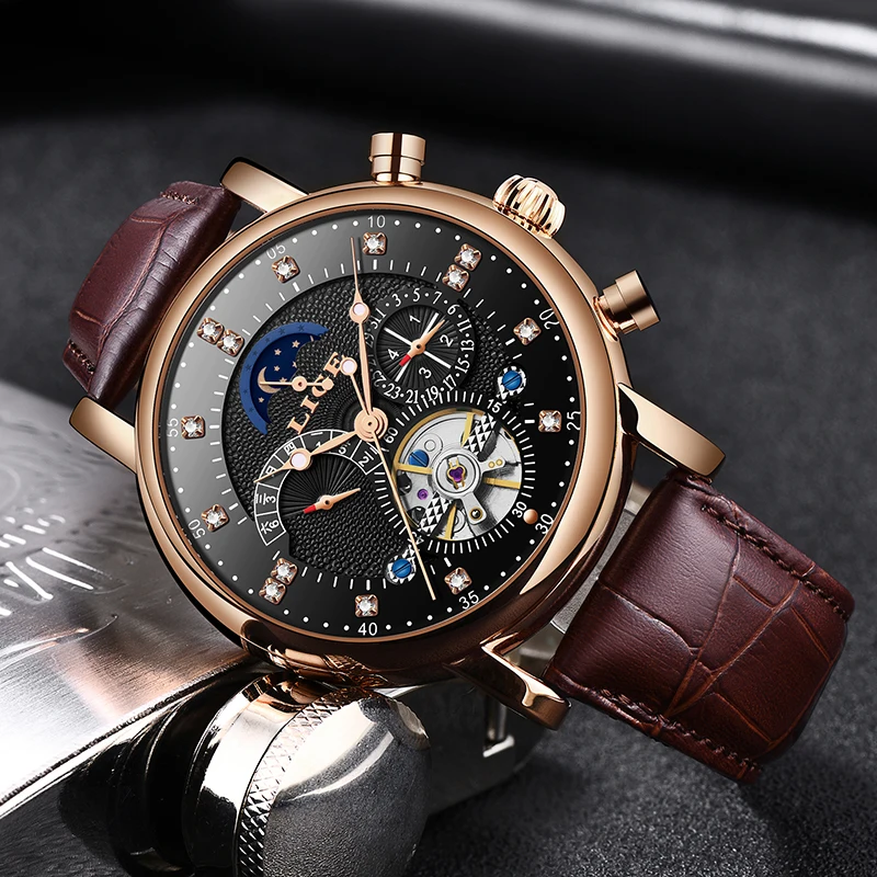 LIGE Брендовые мужские часы автоматические механические Tourbillon спортивные кожаные