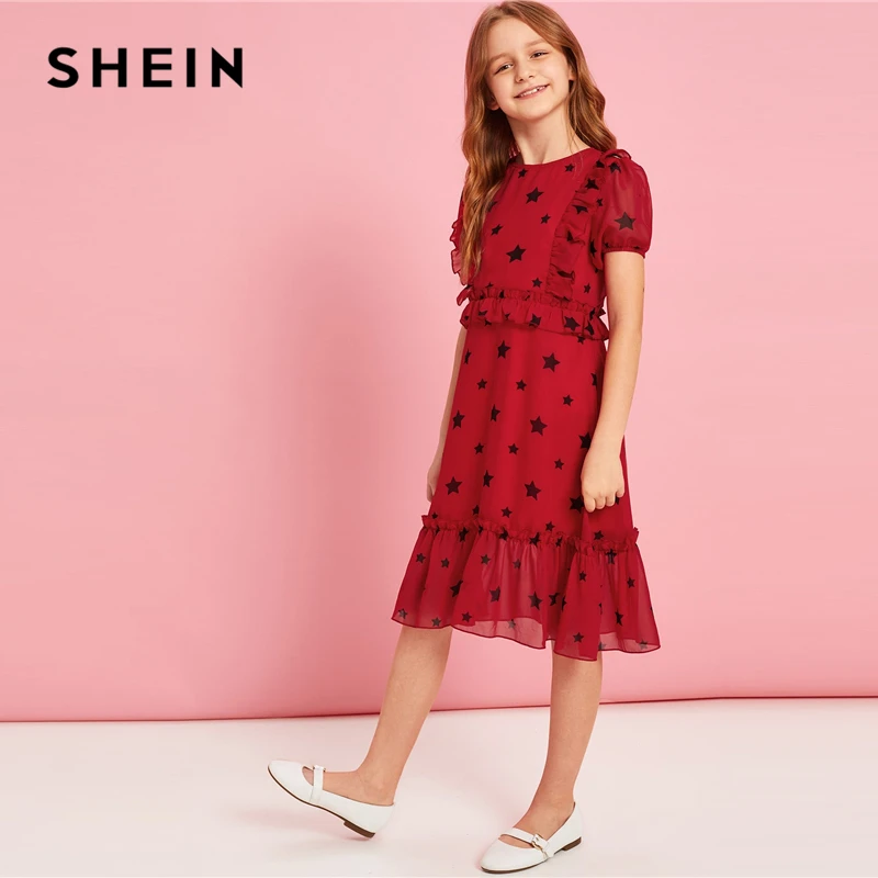 SHEIN/детское праздничное платье для девочек с принтом Красной звезды и оборками на подоле; коллекция года; милое летнее платье на молнии с рукавами-фонариками для подростков