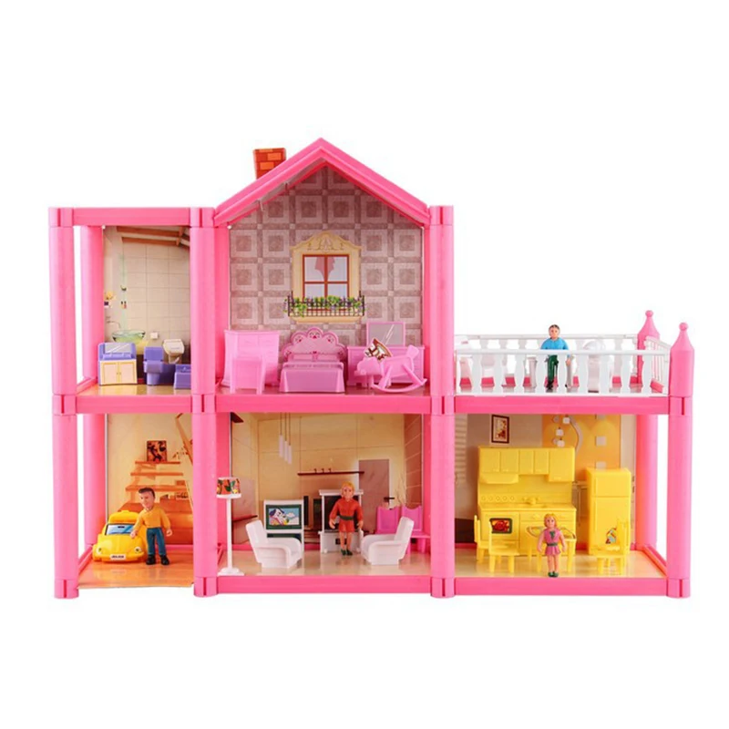 

DIY Family Doll House Plastic Assemble Villa With Miniature Furniture Car Two-story House Doll Accessories Dollhouse Toy