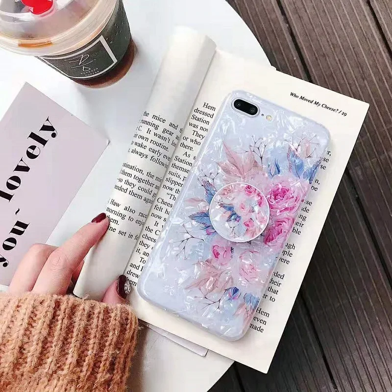 Fashion  Conch Shell Phone Case for iphone XS Max XR X 6 6S 7 8 Plus Back Cover Expanding Stand Holder Bracket Flower Case Coque (11)