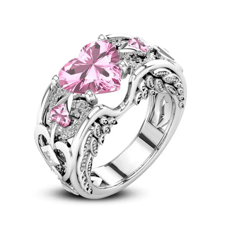 

Heart Shape Pink 925 Silver Angel Wings Women Wedding Ring 5A zircon Jewelry