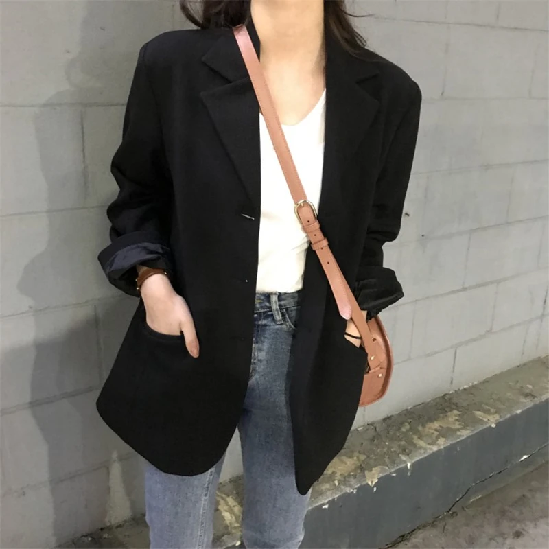 

Basic Black Blazer Jacket for Women Office Ladies Notched Collar Single-breasted Loose Female Outwear Jacket Femme Workwear 2019