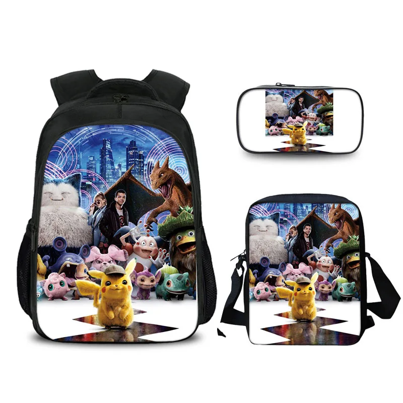 3 Pcs/set Cartoon Pokemon School Bags For Kids Detective Pikachu Anime Pattern School Backpack For Teen Boys Girls Curel Fancl