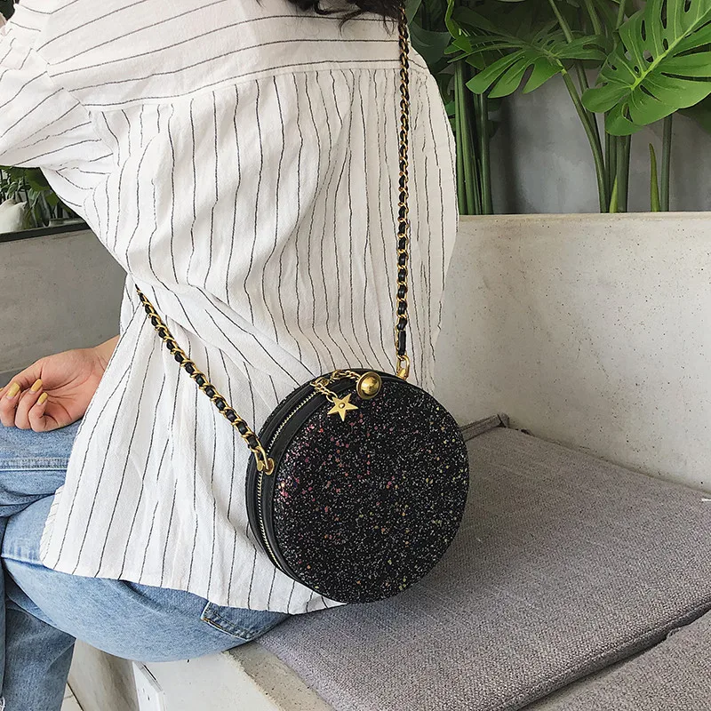 

2019 Mini Fahion Round Crossbody Bags for Women Star Tote Sequins Tote Female Luxury Handabgs Circle Shoulder Messenger Bag