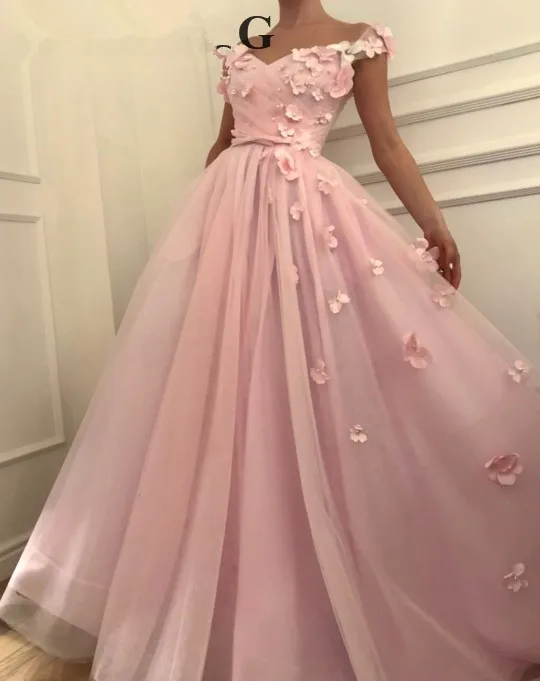Розовый мусульманские Вечерние платья A-Line Off The Shoulder Tulle Flower Pearls ислам Дубаи Саудовская Арабская длинная официальная вечерняя одежда