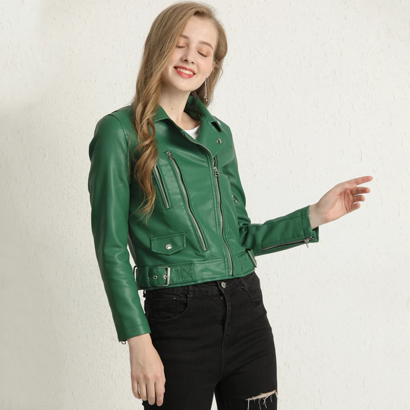 FTLZZ Новая Осенняя женская искусственная кожаная куртка с застежками-молниями, базовое пальто с отложным воротником, искусственная мягкая искусственная кожа, мотоциклетная одежда зеленого, черного, красного цвета
