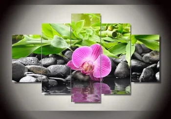 

5 Panel Wall Art Botanical Green Feng Shui Orchid Oil Painting On Canvas Quartz crystal Abstract Paintings Pictures Decor