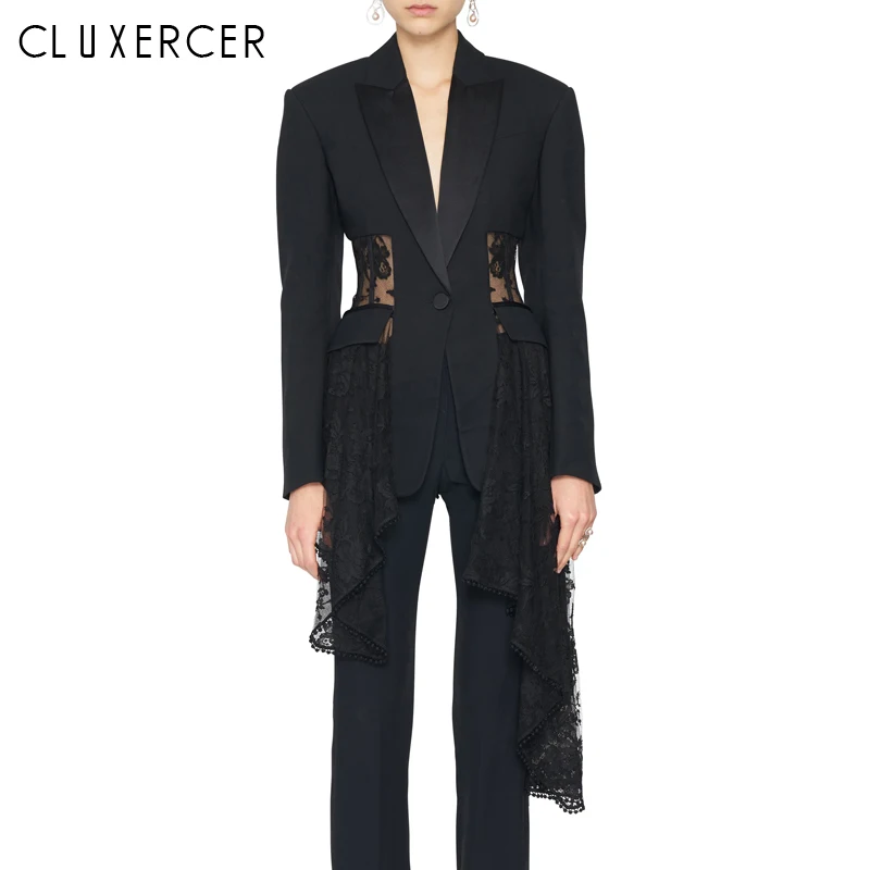 

Spring Autumn Women Full Sleeves Casual Blazer Ladies Elegant Single Breasted Lace Crochet Irregular Blazer Jacket Outwears