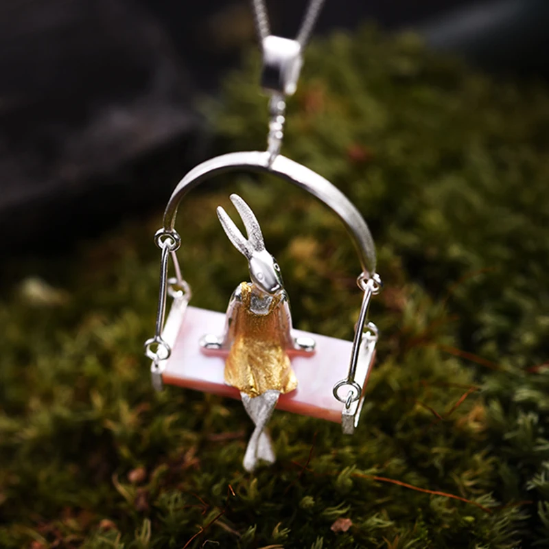 Lotus Fun Real 925 Sterling Silver Natural Mother of Pearl Handmade Fine Jewelry Miss Rabbit Pendant without Chain Acessorios