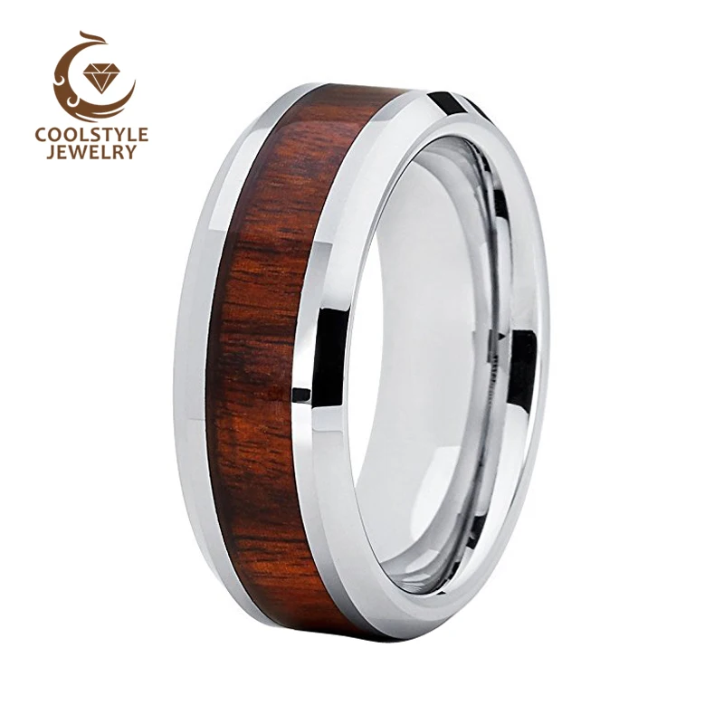 

8MM Silver Wedding Band Men Woman Tungsten Carbide Ring With Rosewood Wood Inlay Comfort Fit