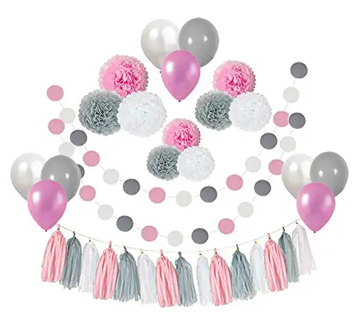 44pcs Baby Shower Decoration Pink Gray White Tissue Pom Poms