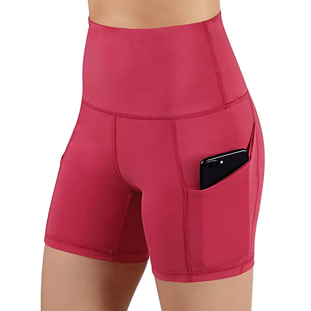 Women Elastic Quick Dry Summer Slim Fit Sports Yoga Shorts With Pocket Soft Gym Solid Sweat Absorbing High Waist Workout Tights