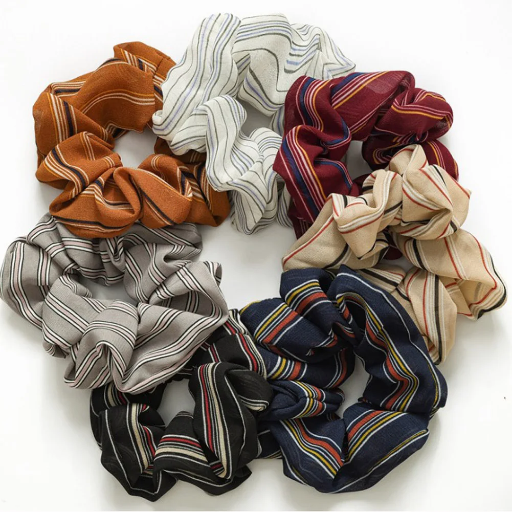 Vintage Flower Striped Plaid Soft Chiffon Hair Scrunchies Elegant Women Girls Printed Elastic Hair Rubber Bands Hair Accessories