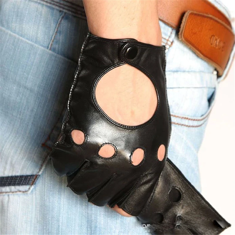 Половина Мода палец из натуральной кожи Для мужчин козьей перчатки запястье Короткий классический черный дышащий овчины водительские