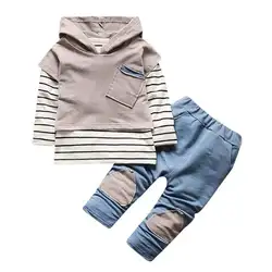 Telotuny Дети для маленьких мальчиков Комплекты для девочек с капюшоном футболка в полоску Комплект одежды: Топ и штаны dec19