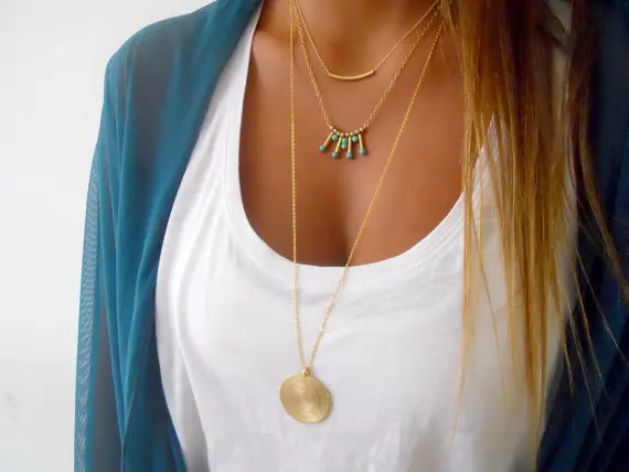 

Fashion Bohemian Multi-Layer Gold Classic Round Choker Necklace Retro Women's Personality Marble Beaded Tassel Pendant Necklace