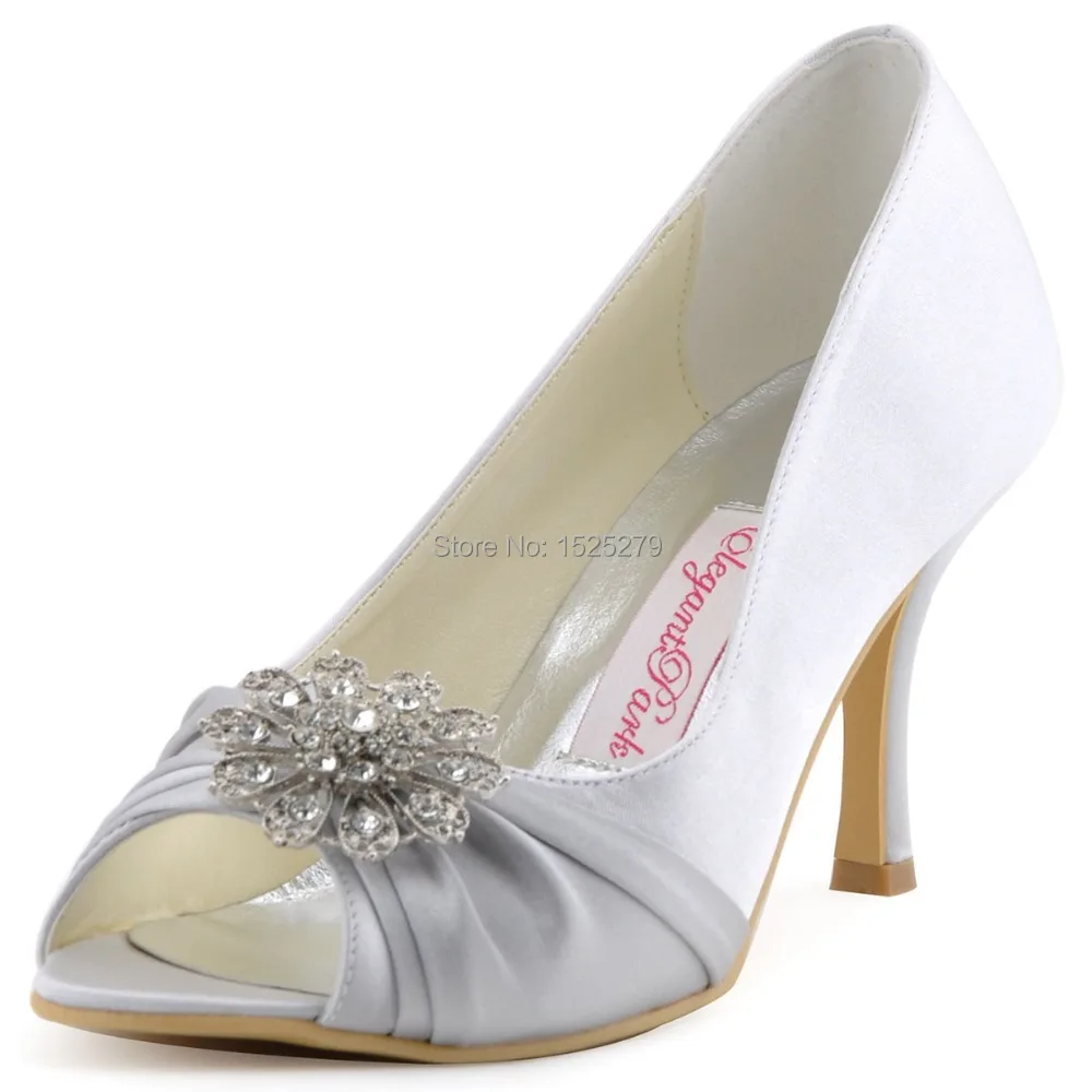 

EP41058 Fashion Women Bride Ivory Silver Satin Bridal Pumps Evening Party Sandals Peep Toe Rhinstones Wedding Shoes