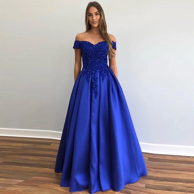 off the shoulder royal blue prom dress