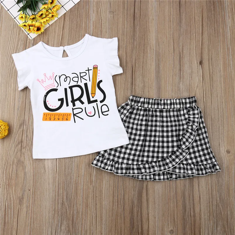 

Toddler Kids Baby Girls Summer clothes round neck letter print pullover sleeveless T-shirts Ruffle plaid Skirts 2pc cute Outfits