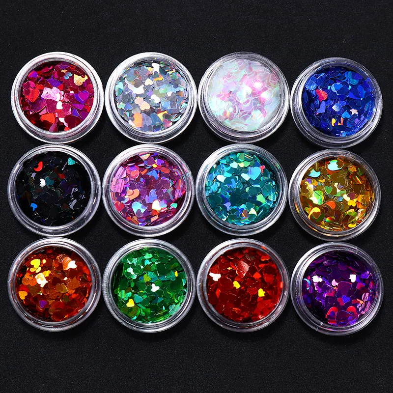 12 cajas/juego de brillo holográfico de uñas mezcla estrella redondo corazón copos espejo Irregular Paillette DIY lentejuelas decoración de uñas