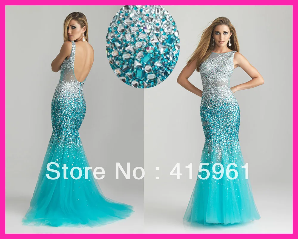 

2013 Turquoise Crytals Backless Mermaid Tulle Evening Dresse Gowns E2424