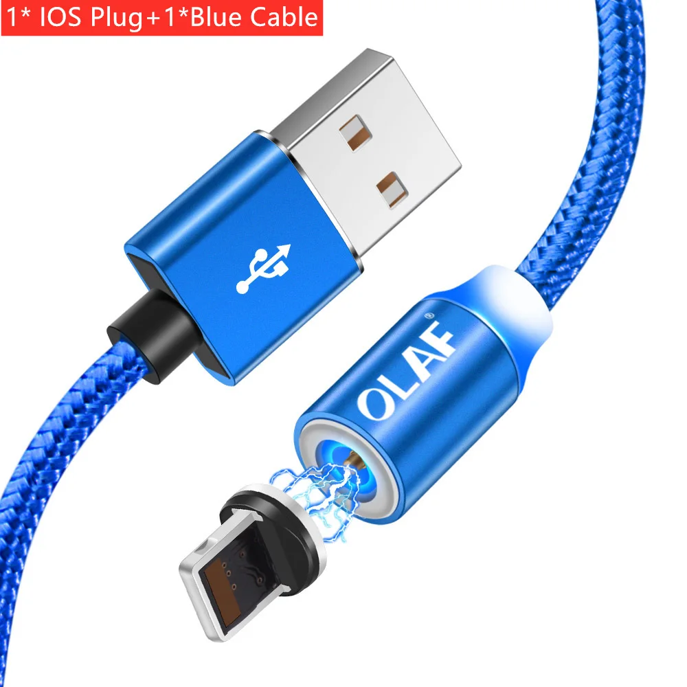 Blue For IOS Магнитный светодиодный кабель OLAF, нейлоновый кабель Micro usb type C для iPhone X, XS, Max, samsung, S9, S8, huawei, Xiaomi, USB-C, магнитный шнур для зарядного устройства - Цвет: Blue For IOS