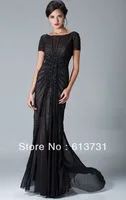 Wholesale - 2013 Sexy New Jewel Short Sleeve Crystals Ruffles Chiffon Black Mother Of The Bride Dresses 3302