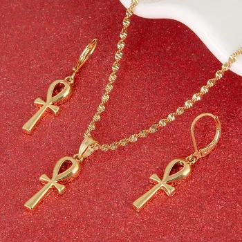 

Egyptian Ankh Cross Pendant Earrings Set Woman African Charms Jewelry Girls Egypt Hieroglyphs Crux Ansata