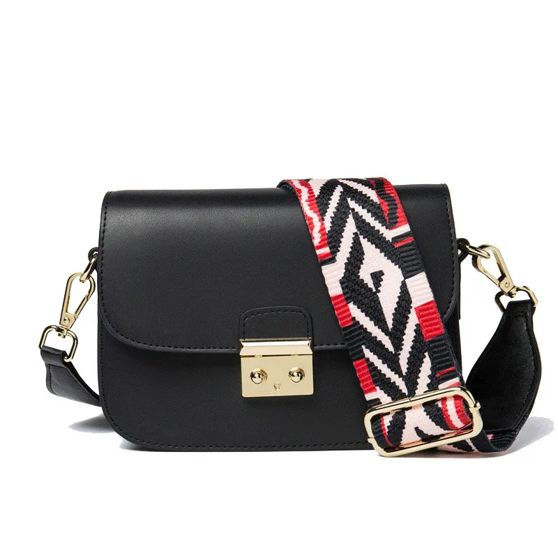 2019 Small Flap Split Leather Shoulder Bags with Colorful Wide Strap Black Red Messenger ...