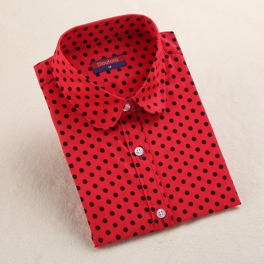 Dioufond красный горошек для женщин рубашки для мальчиков Формальные работы дамы блузки малышек хлопок с длинным рукавом Винтаж рубашк