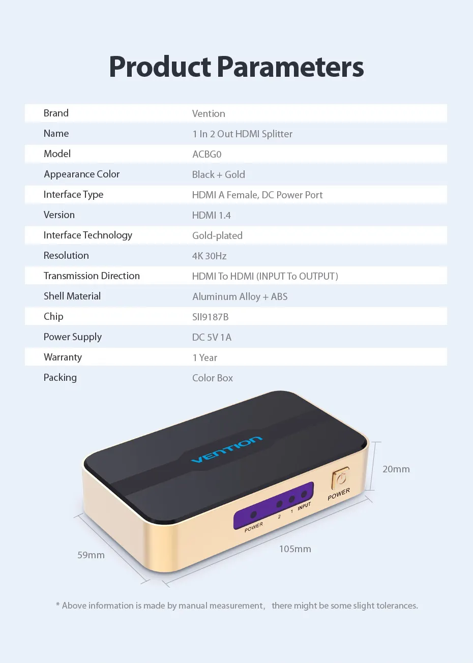 Vention HDMI сплиттер 1x2 4k 3D сплиттер HDMI переключатель адаптер 1 в 2 выход с питанием металлический тип для Xbox усилитель HDCP