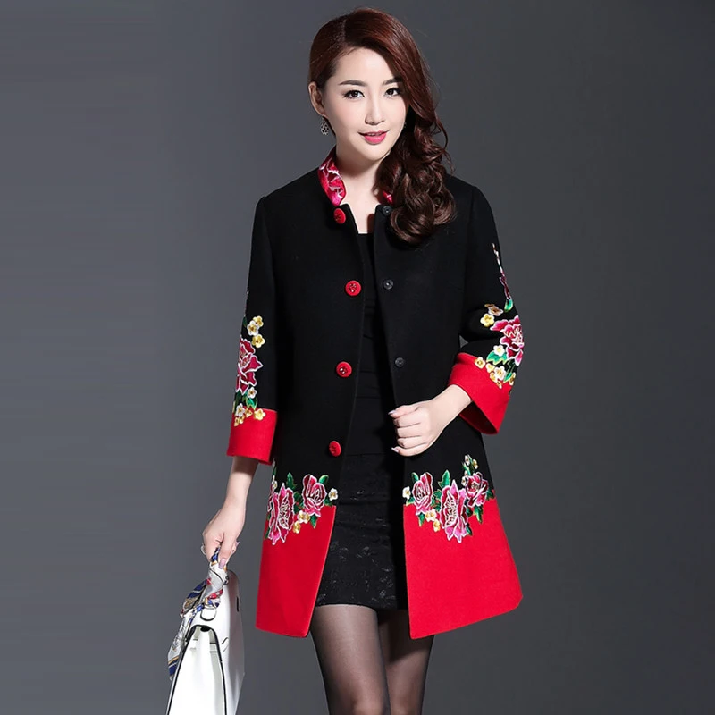 Plus Size 4XL Cashmere Flower Embroidery Women Winter Long Coats 2018 Black Red Patchwork Single Breasted Eleagnt Overcoat Plus Size 4XL Cashmere Flower Embroidery Women Winter Long Coats 2018 Black Red Patchwork Single Breasted Eleagnt Overcoat