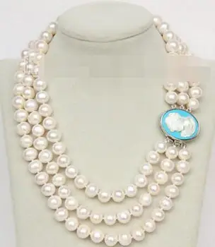

luster 16"-18" 3row 9-10mm round freshwater white pearls necklace j10056