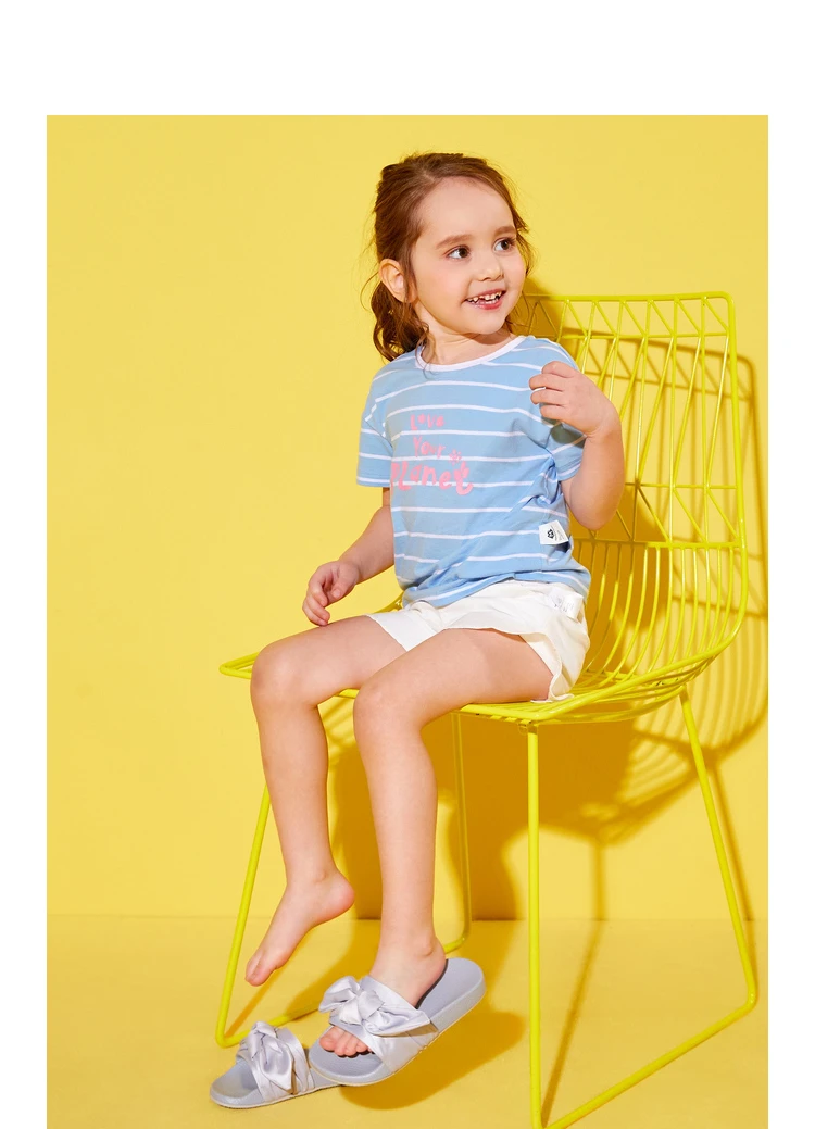 Mini Balabala/футболка для девочек г. Мягкая хлопковая футболка в полоску с короткими рукавами Детская футболка с круглым вырезом в рубчик с принтом Футболка, Топ