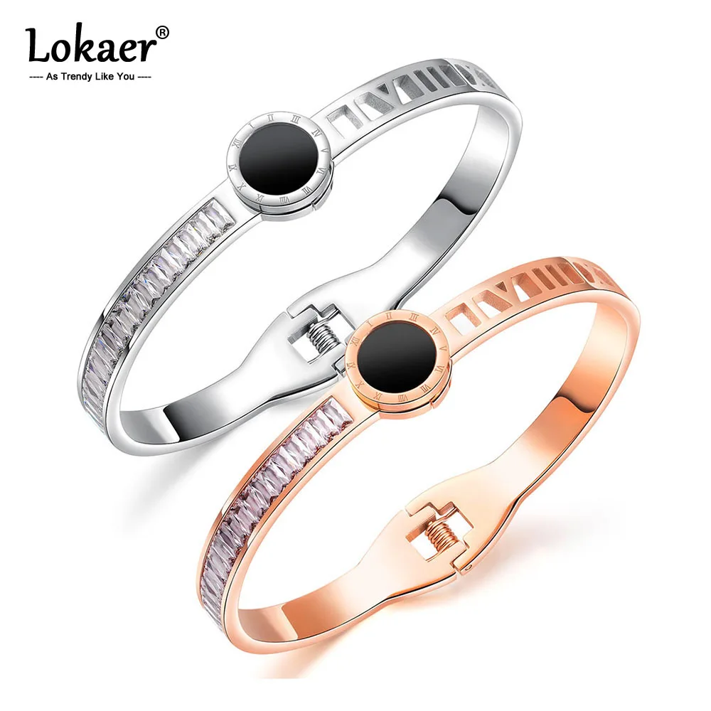 

Lokaer Trendy Rose Gold Roman Numeral Bracelet Bangle Jewelry For Women Stainless Steel Cubic Zirconia Spring Bracelet OGH927