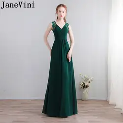 JaneVini простой темно-зеленый шифон платья подружек невесты Jurken Lang Sexy v-образным вырезом Замочная скважина Вернуться Длинные Платья для