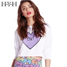 HYH HAOYIHUI Letter Printed Crew Neck White Women T-shirts Long Sleeve Short Top Tees Casual Heart Print Cropped Tops yellow letter print crew neck top