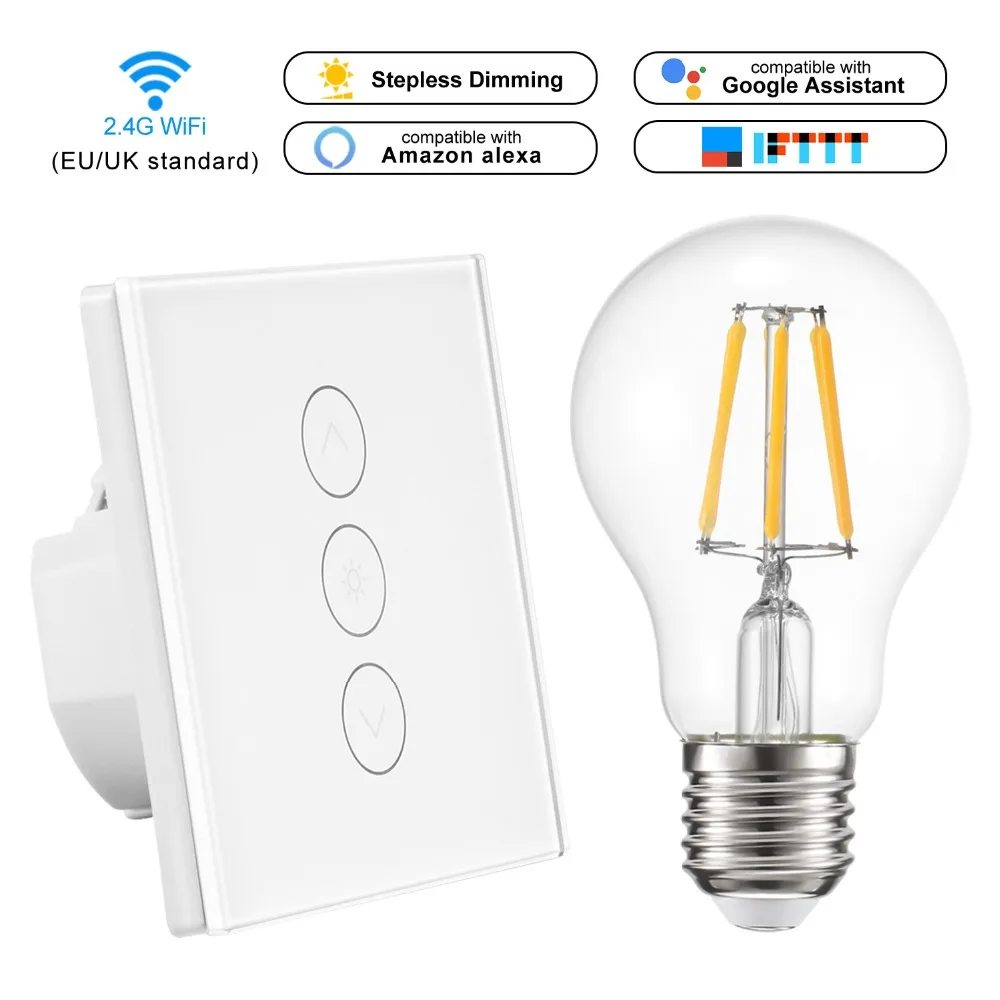

Smart Light Stepless Dimmer US/EU Standard In Wall Touch Control WiFi Light Switch Work with Alexa Google Assistant IFTTT