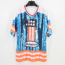 Номер 1 Модные Топы Женская футболка с v-образной горловиной и джинсы, короткий рукав, из кусков, многоцветные топы свободного кроя в стиле «хип-хоп» со стразами футболки Для женщин