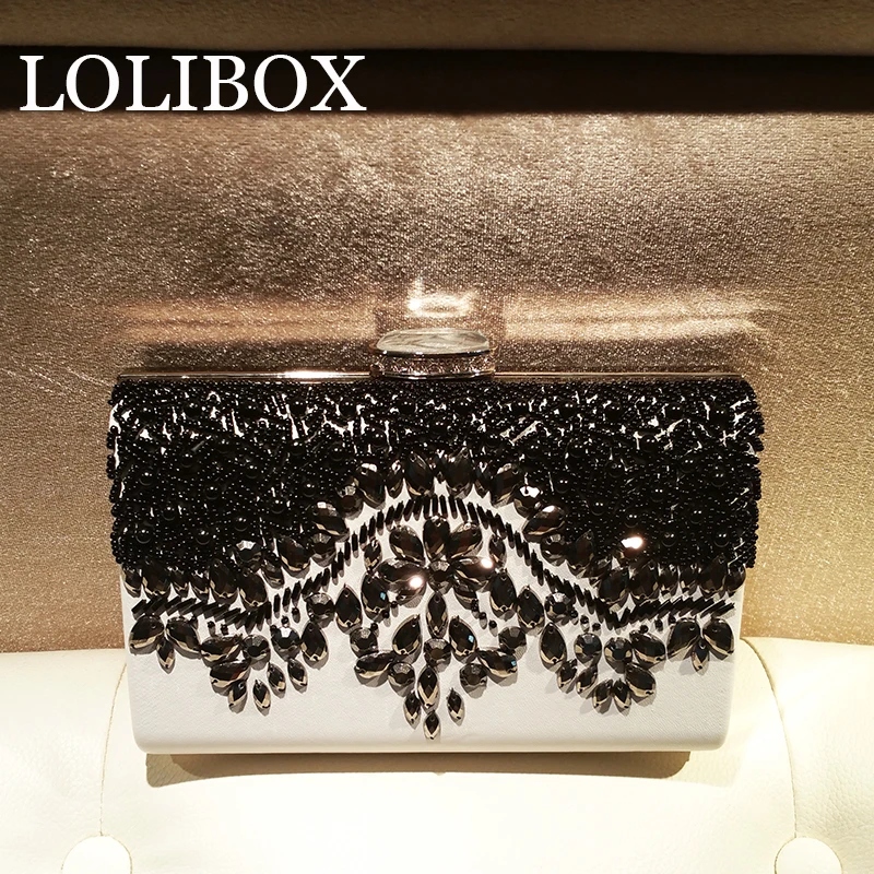 

LOLIBOX black and white embroidered ladies evening clutch bags bride wedding party hand Crossbody Bag for women