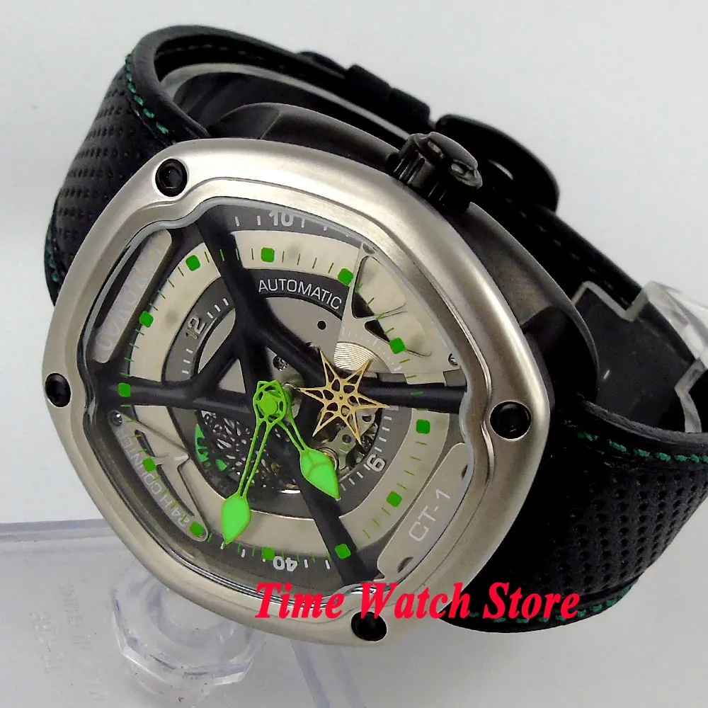 

46mm Corgeut grey dial Hexagon Green hands luminous 24H counter 5ATM MIYOTA 82S7 Automatic Men's wristwatch cor54